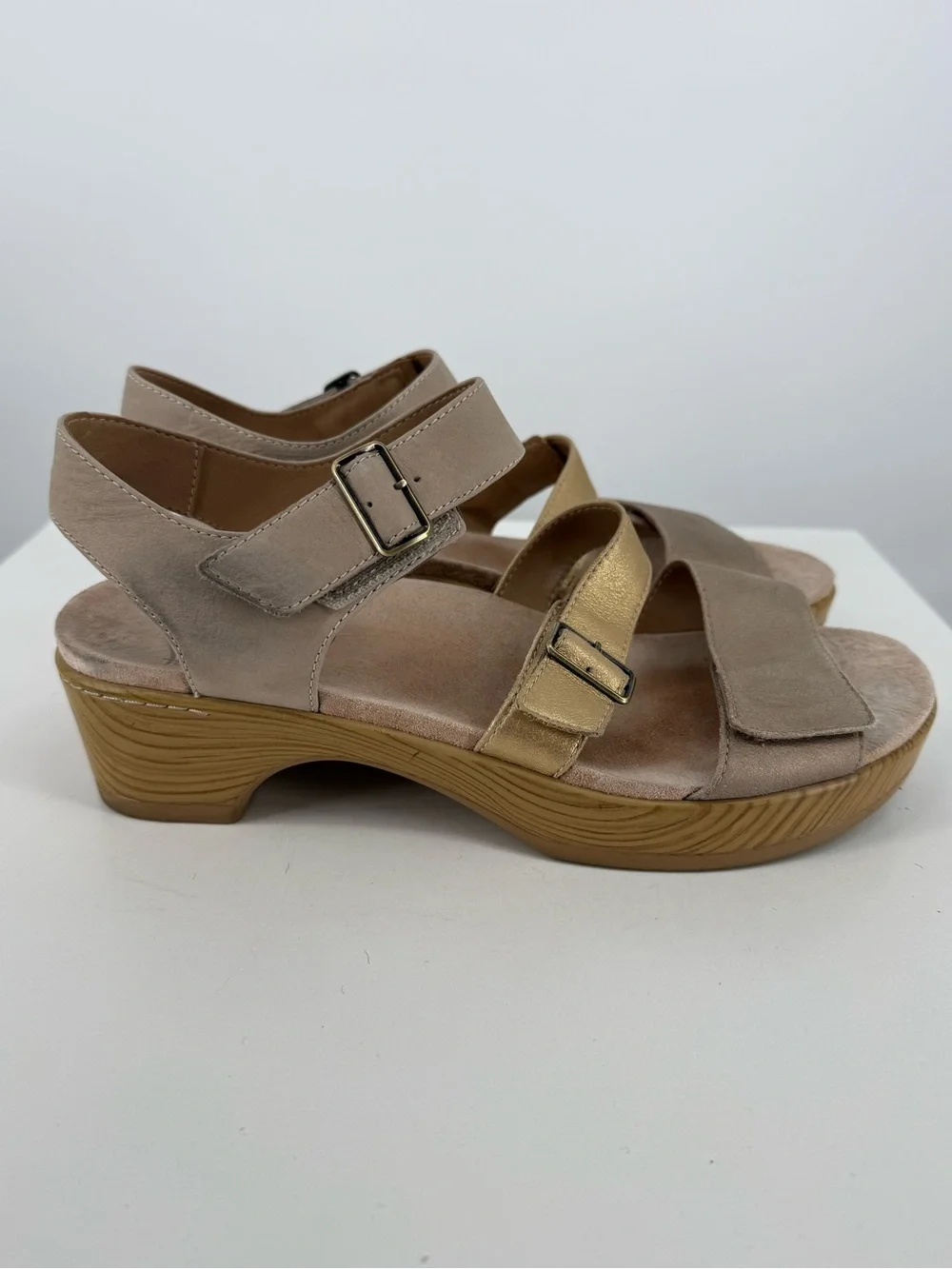 Dansko Beige and Gold Buckle Strap Sandals